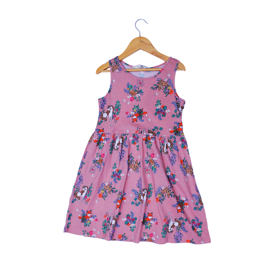 Pink Floral Unicorn Print Sleeveless Dress for Girls