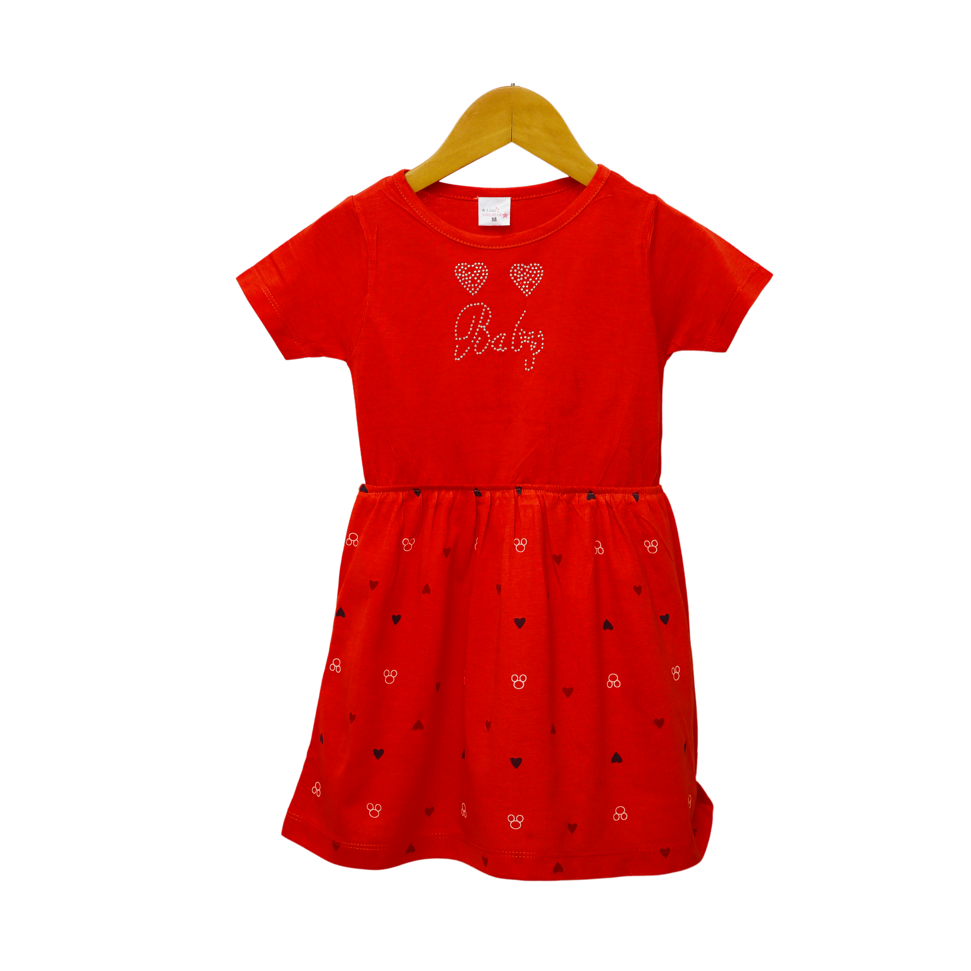 Modiste Red Baby Heart Print Cotton Dress for Girls