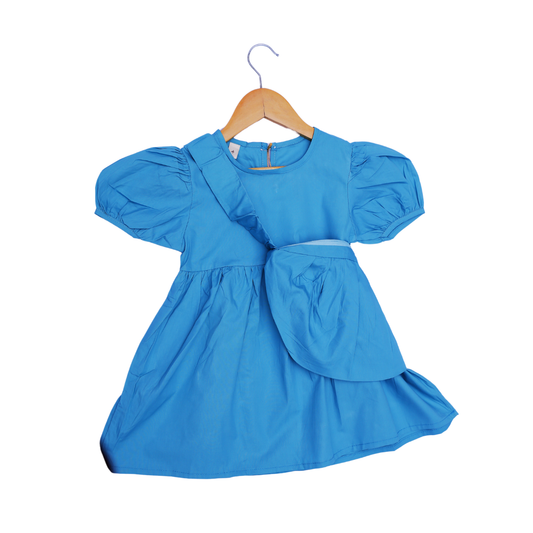 Girls' Blue Puff Sleeve Dress with Matching Shoulder Bag