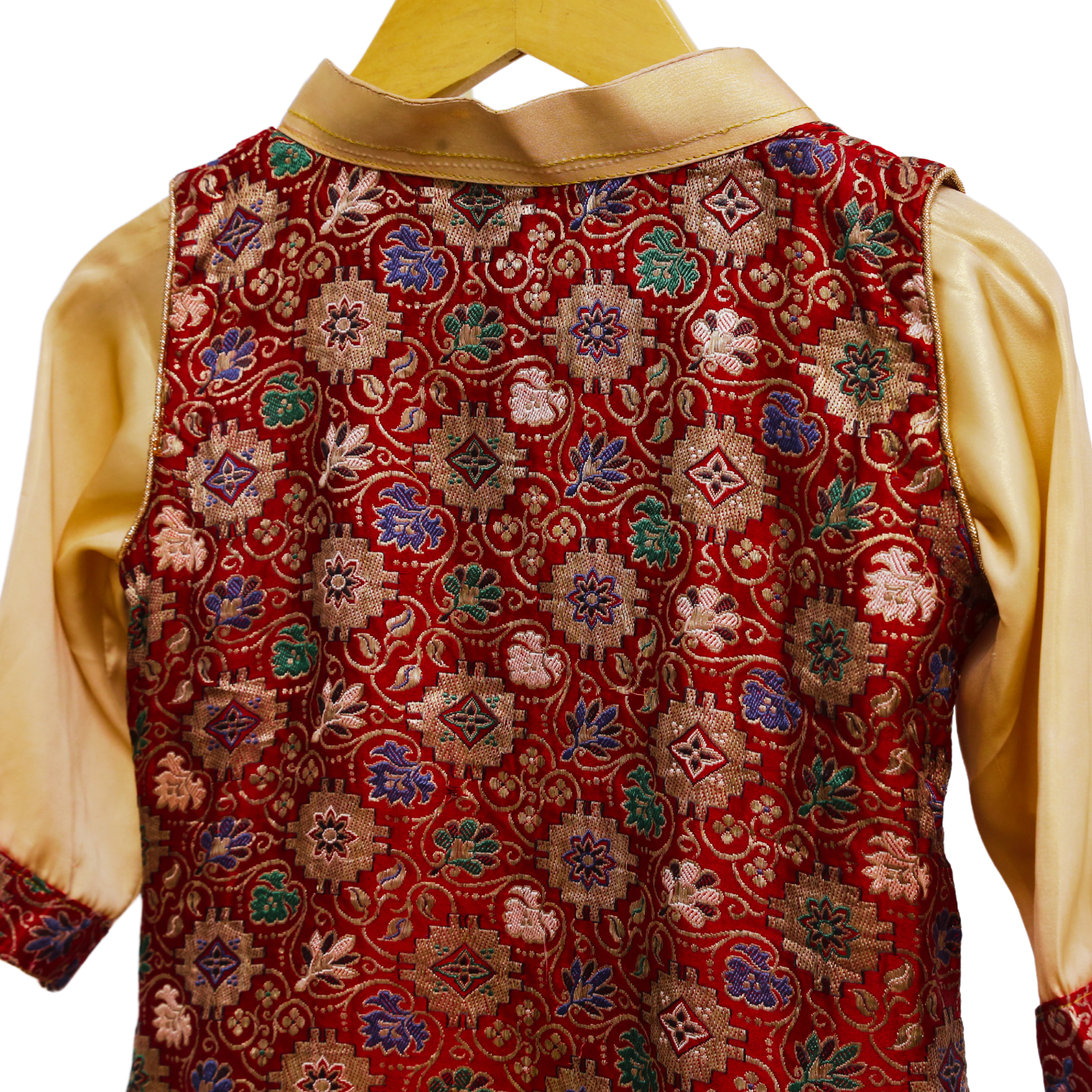 Kids Red Brocade Jacket & Shirt by Modiste