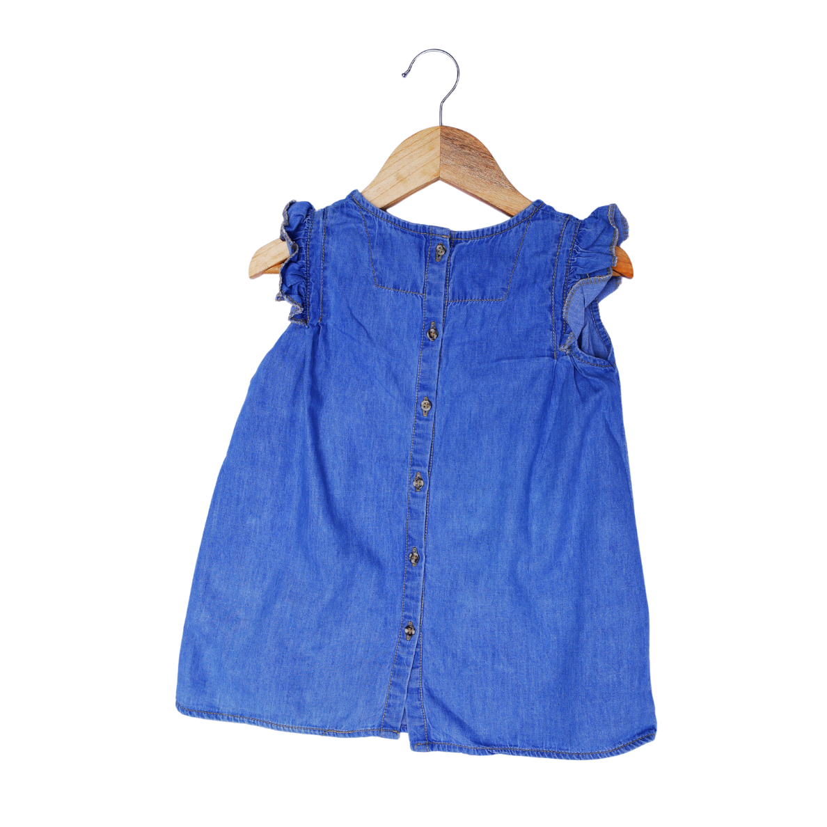 Girls' Blue Denim Sleeveless Dress with Floral Embroidery