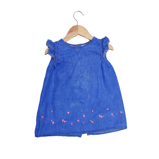 Girls' Blue Denim Sleeveless Dress with Floral Embroidery