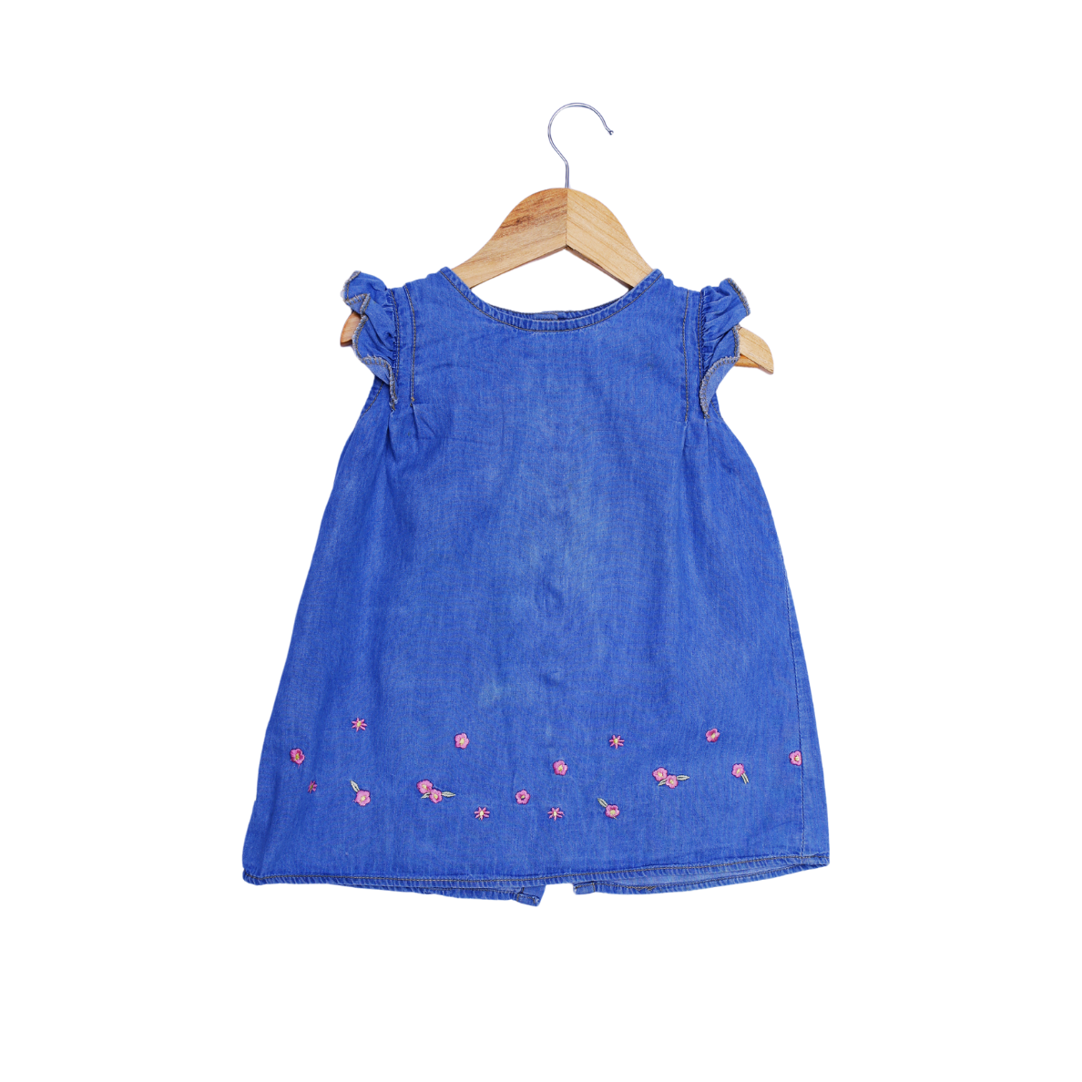 Girls' Blue Denim Sleeveless Dress with Floral Embroidery